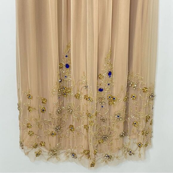 Mac Duggal 9232 High Neck Jewel Hem Embellished Trapeze Nude Gold Gown, Size 14 - Picture 8 of 10